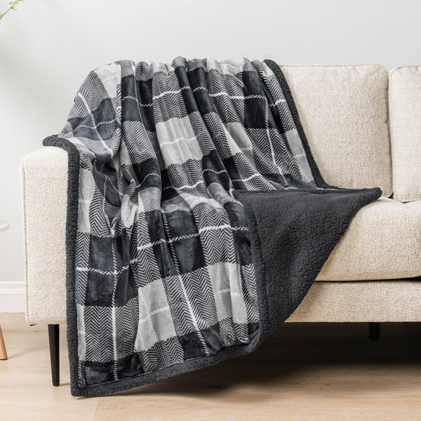 PAVILIA Premium Sherpa Throw Blanket for Couch Sofa | Soft Micro Plush Reversible Throw | Lightweight All Season Plaid Design Fleece Blanket (50 X 60 Inches Charcoal Grey)