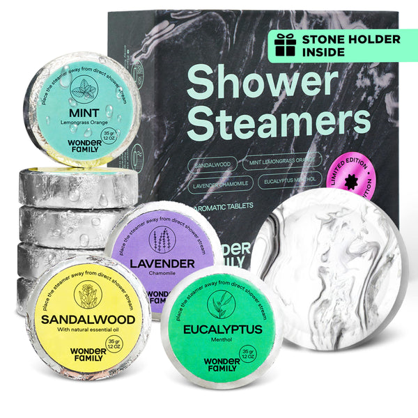 Shower Steamers Aromatherapy + Stone Tray - 8 Pack Shower Bombs for Women Self Care & Stress Relief - Home SPA with Lavender, Eucalyptus, Shower Tablets Aromatherapy - Gifts for Women and Men