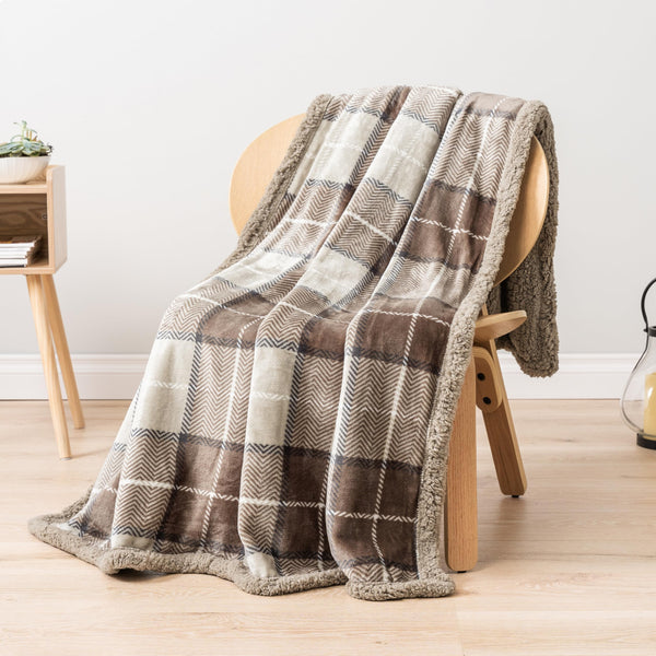 PAVILIA Premium Plaid Fleece Sherpa Throw Blanket | Super Soft, Cozy, Lightweight Microfiber, Reversible, All Season for Couch or Bed (Taupe, 50 x 60 Inches)