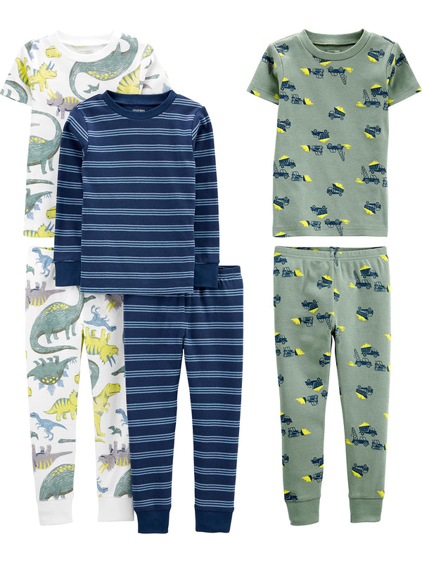 Simple Joys by Carter's Boys' 6-Piece Snug-Fit Cotton Pajama Set, Pack of 3, Blue/Green/Dinosaur, 5