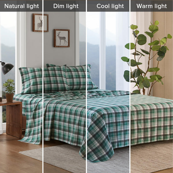 Woolrich Flannel 100% Cotton Sheet Set Warm Soft Bed Sheets with 14" Elastic Pocket, Cabin Lifestyle, Cold Season Cozy Bedding Set, Matching Pillow Case, Queen, Green Plaid, 4 Piece