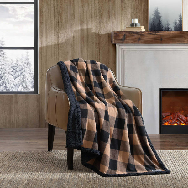 Eddie Bauer - Throw Blanket, Reversible Sherpa Flannel Bedding, Plaid Home Decor for All Seasons (Cabin Plaid Beige, Throw)