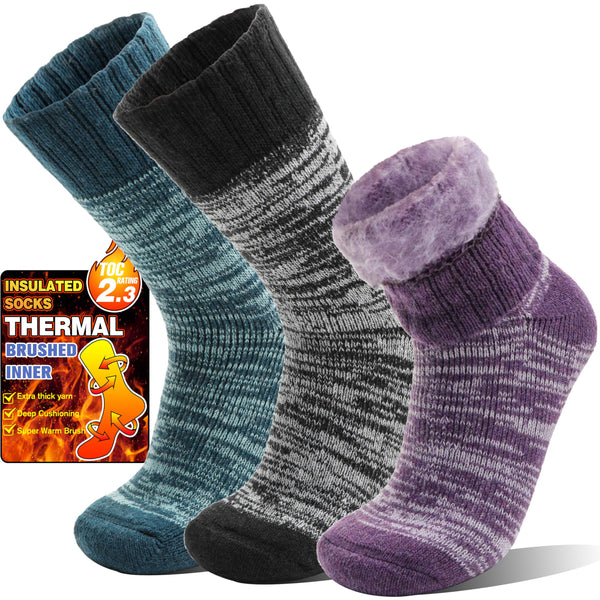 Welwoos Heated Thermal Socks for Women & Men Warm Winter Thick Ski Crew Insulated Socks Gift Socks Stocking Stuffers for Women 3 Pairs(Purple Cyan Black,M)