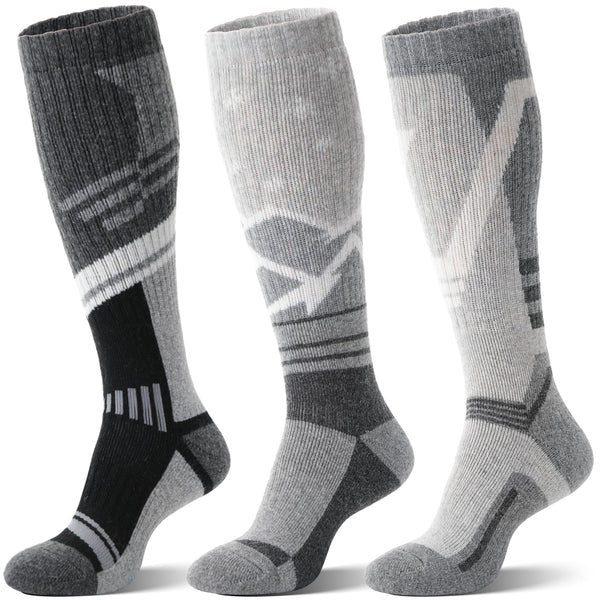 Merino Wool Ski Socks for Mens Womens Winter Thermal Warm Thick Snowboarding Skiing Knee High Socks for Cold Weather 3 Pairs Gifts Stocking Stuffers(Grey Series,L)