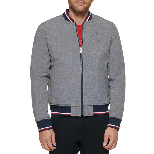 Tommy Hilfiger Men's Lightweight Varsity Rib Knit Bomber Jacket, Heather Grey soft shell, Medium