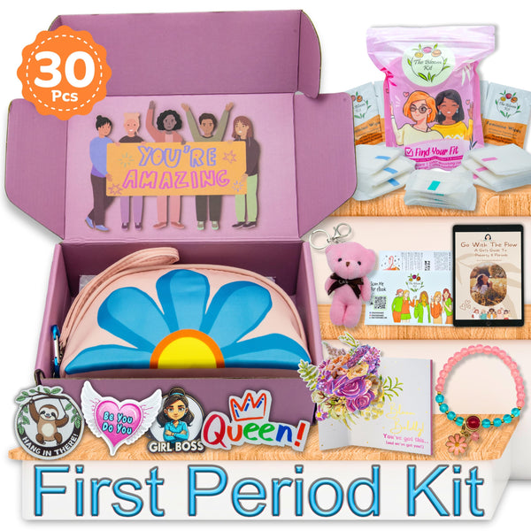 The Bloom Emergency Period Kit for Tweens for School - 30 PC First Period Kit for Girls 9-12 with Cute Sanitary Napkin Storage Bag Gifts for Teens Girls Includes Pads, Wipes, Ebook & Much More (Pink)