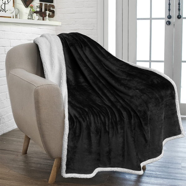 PAVILIA Premium Sherpa Throw Blanket for Couch Sofa | Super Soft, Cozy, Plush Microfiber Black Throw for Chair | Reversible Warm Flannel Fleece Solid Blanket(Black, 50 x 60 Inches)